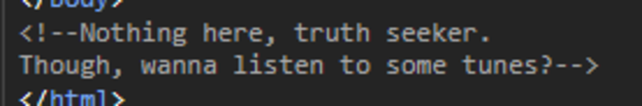 HTML source comment reading: Nothing here, truth seeker. Though, wanna listen to some tunes?