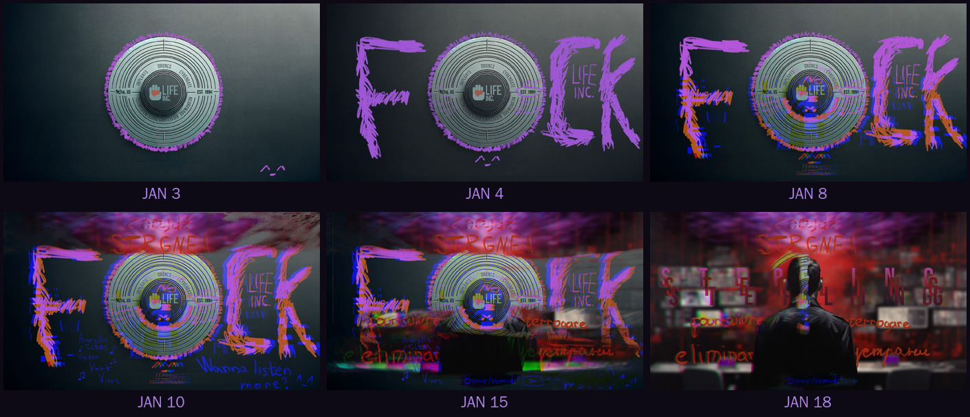 Six states of the hidden page from January 3 to January 18, progressively vandalized