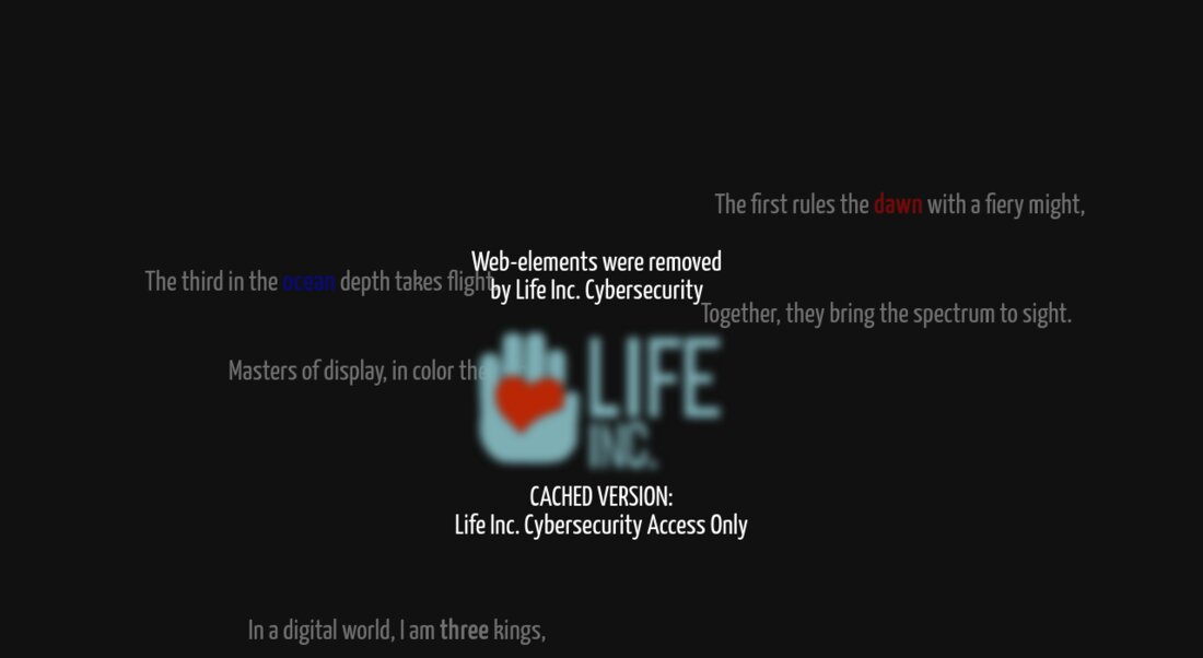 The Life Inc. Cybersecurity Message page with a blurred logo and scattered poem lines