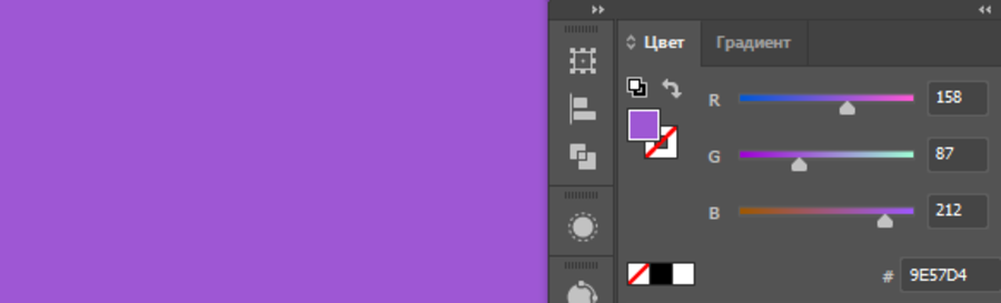 Color picker showing RGB 158, 87, 212 — a violet purple