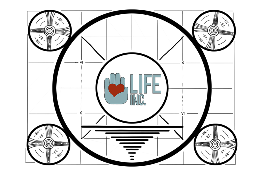 Hand-drawn TV test pattern with the Life Inc. logo in the center