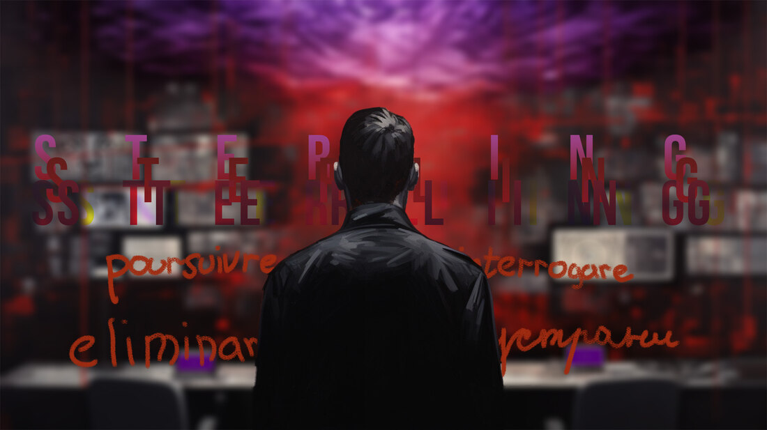 A dark figure at a wall of monitors, the word STERLING scrawled in red